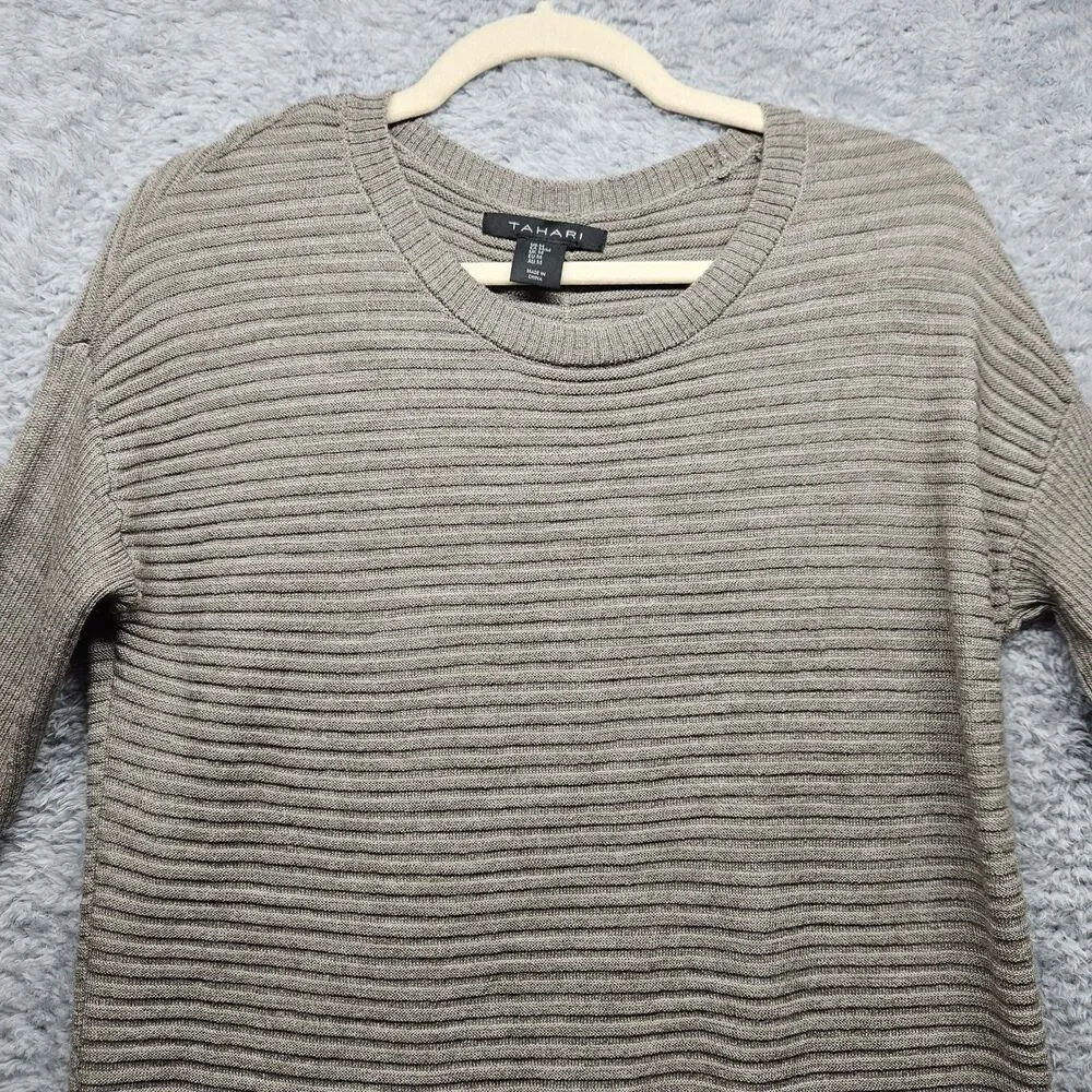 Tahari Womens Brown Ribbed Merino Wool Sweater Button Down Back Size Medium